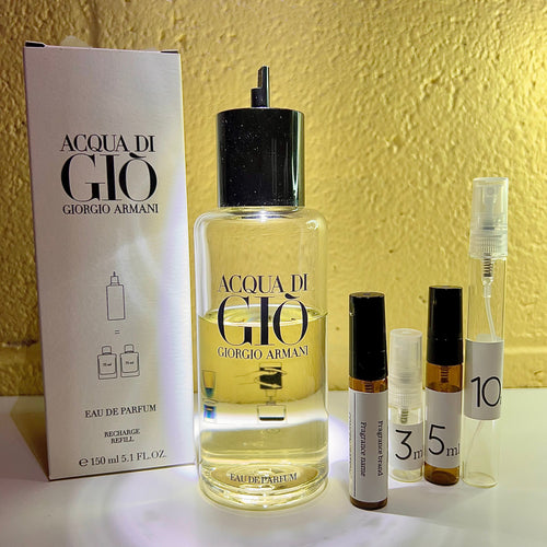 Acqua Di Gio EDP bottle with 3ml, 5ml and 10ml decant vials — ParfumHill