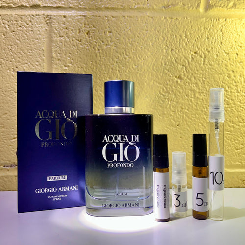 Acqua Di Gio Profondo Parfum bottle with 3ml, 5ml and 10ml decant vials — ParfumHill